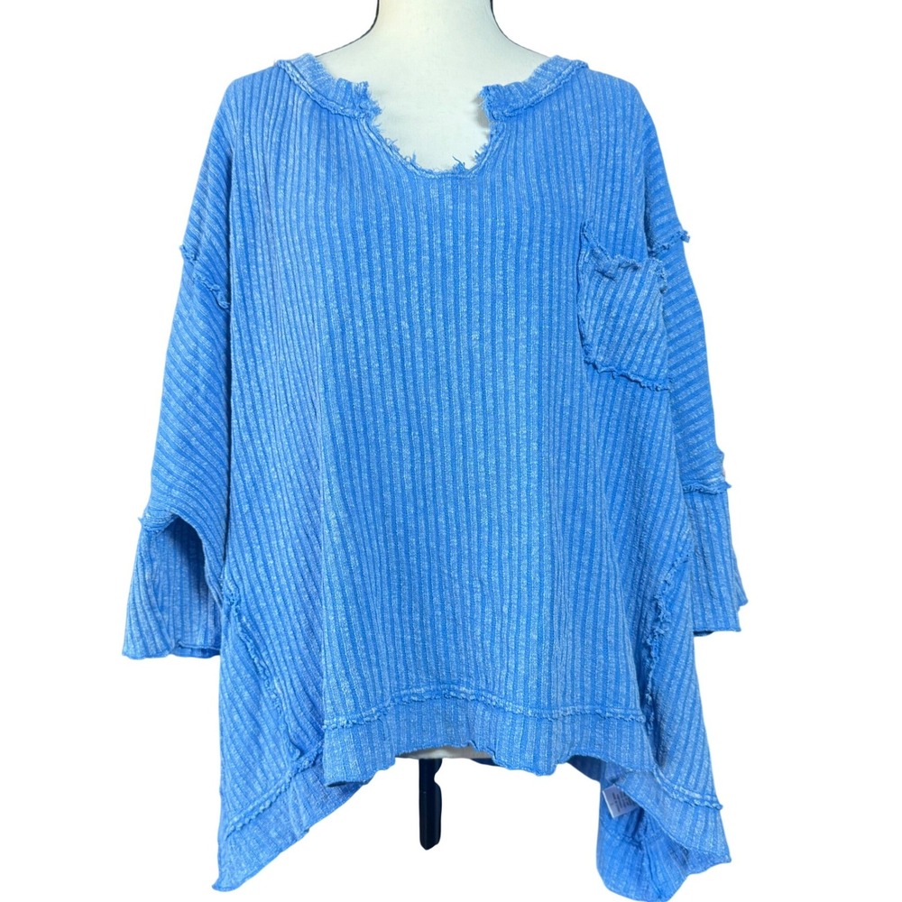 Easel Ribbed Knit Top Women L Blue Raw Seam Oversized High Low Boho Coastal
